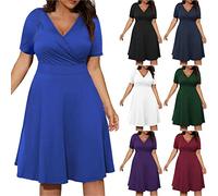 tsaChick Damen Sommerkleid üBergrößE Kleider L-5XL Hohe Taille Niedriger Schnitt Sexy Knielanges Abendkleid V-Ausschnitt KurzäRmeliges Einfarbiges Partykleid Frauen MäDchen Umstandskleider
