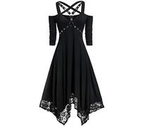tsaChick Gothic Kleid Damen Tennis Dresses Langärmliges Rundhalskleid Punk Plus Size Offene Schulter Spitze Spaghettiträger Langarm Gothic Kleid Cocktailkleid Damen
