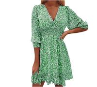 tsaChick Kleider Damen Sommer GroßE GrößEn Damen Blumen Sommerkleid Knopf Kurzarm V-Ausschnitt Lose Knielang Kleid High Waist Midi-Hemdkleid Strandkleider Polka Dots Knopfkleid Langarmkleid