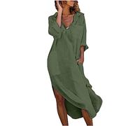 tsaChick leinenkleid Damen Sommer Knielang, Strandkleid Damen Sommer sexy, Strandkleid Damen kurz bunt, Damen Mittelalter Kleid Renaissance Gothic Retro, Army Green, XL