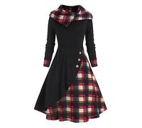 tsaChick Maxikleid Langärmliges Kleid mit V Ausschnitt und mittlerer Wade Gothic Vintage Plaid Panel Hooded Button Dress Retro Dark Midi Dress &578Bto