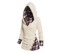 tsaChick Maxikleid Langärmliges Kleid mit V Ausschnitt und mittlerer Wade Gothic Vintage Plaid Panel Hooded Button Dress Retro Dark Midi Dress &578Bto