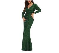 tsaChick Pailletten Fischschwanz Maxikleid Damen Paillettenkleider Dinnerkleider Auktionshaus Host Bodenlanges Kleid Sexy Tiefes V-Ausschnitt Langes Kleider Glitzerkleid Slit Langarm Kleider Damen
