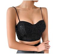 tsaChick Pailletten Shirt Damen Enges Langarmshirt Ärmellos Bustier Solide Neckholder Sexy Oberteile Damen Winter Sexy Lady Tshirt Damen Weiss Sexy Retro Slim Fit LTH69