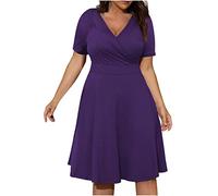 tsaChick Plus Size Sommerkleid Damen Elegant Übergröße V-Ausschnitt Blumenmuster Maxi Partykleid Schulterfrei Boho Kleid Strandkleid Kurzarm Abendkleid Lässig Langes Kleid Purple XXXXXL 48
