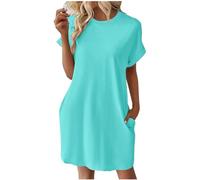 tsaChick Regenbogen Rock Sommerkleid Sommerkleid Damen Swing Kleid Sommer Off Shoulder Neck Skaterkleid Einfarbiges A Linien Kleid TräGerloses KurzäRmliges Knielanges Patchwork Light Blue S