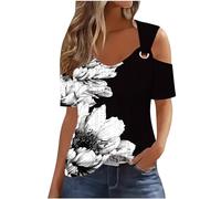 tsaChick Shirts Damen Sommer Oversized Tshirt Damen V-Ausschnitt Shirt Gestreift Bluse Weiß Damen Ärmel mit offenen Schultern Top Mit Spitze Damen Tshirt Damen Basic Blusenkleid Damen 2024 Neu C6463