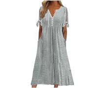 tsaChick Sommerkleid Damen Knielang Sale Angebote Tunika Kleid Kurzarm Unterhalb des Knies Kleid Sommerkleider mit V-Ausschnitt und kurzen Ärmeln, einfarbig, zum Knöpfen DSB92