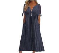 tsaChick Sommerkleid Damen Knielang Sale Angebote Tunika Kleid Kurzarm Unterhalb des Knies Kleid Sommerkleider mit V-Ausschnitt und kurzen Ärmeln, einfarbig, zum Knöpfen DSB92
