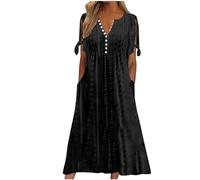 tsaChick Sommerkleid Damen Knielang Sale Angebote Tunika Kleid Kurzarm Unterhalb des Knies Kleid Sommerkleider mit V-Ausschnitt und kurzen Ärmeln, einfarbig, zum Knöpfen DSB92