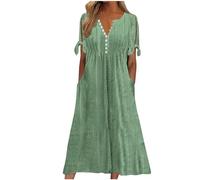 tsaChick Sommerkleid Damen Knielang Sale Angebote Tunika Kleid Kurzarm Unterhalb des Knies Kleid Sommerkleider mit V-Ausschnitt und kurzen Ärmeln, einfarbig, zum Knöpfen DSB92
