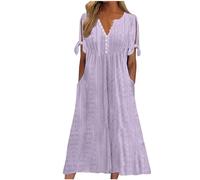 tsaChick Sommerkleid Damen Knielang Sale Angebote Tunika Kleid Kurzarm Unterhalb des Knies Kleid Sommerkleider mit V-Ausschnitt und kurzen Ärmeln, einfarbig, zum Knöpfen DSB92