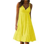 tsaChick Sommerkleid Damen Kurz Gradient Strandkleid S-5XL Mode 2023 einfarbig Farbverlauf ärmellos U-Ausschnitt Knielang A-Linie Kleid Neue plissiert hohe Taille Swing Kleid Minikleid MäDchen
