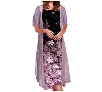 tsaChick Sommerkleid Damen Lässige Strickjacke Bluse + Kleid 2 Teiliges Frauen Casual Unterhalb des Knies Länge Kleid Wadenlange Einfarbige Chiffon Strickjacke Lose Maxikleid Ladies Kleider