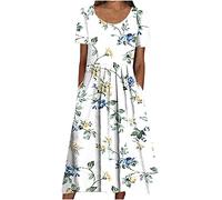 tsaChick Sommerkleid Damen Lang Florals A-Linien Kleid Mode 2023 Kurzarm Rundhals Hohe Taille Plissee Freizeitkleid Neue Blumenkleid Partykleid Abschlussballkleid Frauen MäDchen Umstandskleider