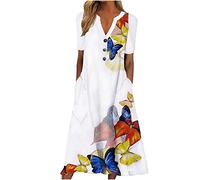 tsaChick Sommerkleid Damen Lose Bedrucktes Langes Kleid Frauen Casual Maxi Dress Mode Geraffter Knöpfen unterhalb des Knies Kleider Kurzarm Freizeitkleid Wadenlanges Kleid Lässige Ladies Kleid S-3XL