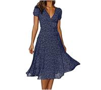 tsaChick Sommerkleid Damen Sexy V-Ausschnitt Tupfen Maxikleid Gerüschter Rüschensaum Schmal Kurzarm Langes Kleiner Polka Dot Slim unterhalb des Knies Kleid Elegant Prinzessinnenärmeln Women's Kleider