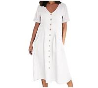 tsaChick Strandkleid Damen Sale Angebote Sommerkleid Damen Knöchellang Kurzen Ärmel Kleid Erwachsener V-Ausschnitt Leinen 20er Jahre KostüM Damen Unifarben Kleid A Linie Sommer Sommerkleid DSA21