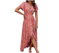 tsaChick Strandkleid Damen Summer Dress Sale Angebote Leinenkleid Damen Kurzen Ärmel Below The Knee Kleider Damen Floral Printed Kurzarm V-Ausschnitt Einteiler Strappy Irregular Split Dress DSE52