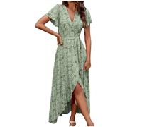 tsaChick Strandkleid Damen Summer Dress Sale Angebote Leinenkleid Damen Kurzen Ärmel Below The Knee Kleider Damen Floral Printed Kurzarm V-Ausschnitt Einteiler Strappy Irregular Split Dress DSE52