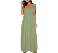 tsaChick Strandkleid Damen Summer Dress Sale Angebote Leinenkleid Damen Kurzen Ärmel Wadenlang Kleid Women's Plus Size Pocket Solid Colour Kleid Sexy Rundhalsausschnitt Kurzarm Lange Kleider DSE69