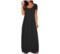 tsaChick Strandkleid Damen Summer Dress Sale Angebote Leinenkleid Damen Kurzen Ärmel Wadenlang Kleid Women's Plus Size Pocket Solid Colour Kleid Sexy Rundhalsausschnitt Kurzarm Lange Kleider DSE69