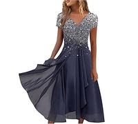 tsaChick Summer Dress Sale Angebote Tunikakleid Damen Kurzarm Unterhalb des Knies Partykleid Bedrucktes Kleid mit V-Ausschnitt plissiert Chiffon unregelmäßiger Saum mit Seitenreißverschluss DSB16