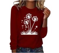 tsaChick T-Shirts Für Damen Sport T Shirt Damen Dandelion Bedruckte Rotes Tshirt Damen Blusen Damen Rundkragen Langarm Tops Sommer Off Shoulder Oberteil Damen Italienische Mode Damen Athletisch E4120