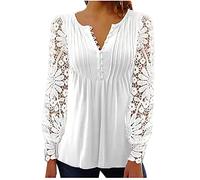 tsaChick Tunika Damen Damen Spitze Patchwork Tops Langarm U Boot Ausschnitt Blumendruck Asymmetrischer Saum Bluse Weiß 3XL