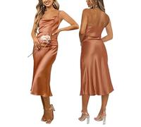 Tsher Ärmelloses Damenkleid mit Spaghettiträgern, Satin, Hochzeitsgäste, Partykleid, Wasserfallausschnitt, rückenfrei, Midikleider, formelle Kleider, Hellbraunes Satinkleid, Mittel