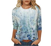 Tshirt Damen 3/4 Ärmel Oberteile Rundhals Bluse Lässige Blumendruck Sommer Tops Tunika Shirt Party Dünn Longbluse Pullover Bequeme Longtops T-Shirt Locker T Shirts Blusentops Streetwear für Frauen