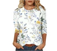 Tshirt Damen 3/4 Ärmel Oberteile Rundhals Bluse Lässige Blumendruck Sommer Tops Tunika Shirt Party Dünn Longbluse Pullover Bequeme Longtops T-Shirt Locker T Shirts Blusentops Streetwear für Frauen