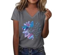 Tshirt Damen Baumwolle Mit Sonnenblumen-Musterdruck Rundhalsausschnitt Kurzärmelig Lockere T-Shirts Süße Lässige Lehrer-Outfits Sommer Shirt Oversize Sport Fitness T Shirts Streetwear Long Grey 3XL