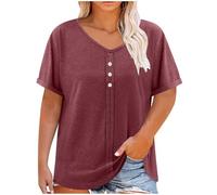 Tshirt Damen Baumwolle Shirt V-Ausschnitt Modisch Kurzarmshirt Loose Casual Oberteile Leichte Bequeme All-Matchtop Unifarben Bluse Mit Dekorative KnöPfe GroßE GrößEn KurzäRmelig Hemd