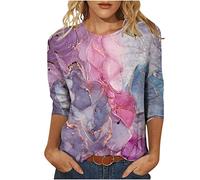 Tshirt Damen Bunte Marmordruck Tunika Sommer Tops 3/4 Ärmel Oberteile Rundhals Bluse Shirt Party Dünn Longbluse Pullover Teenager Mädchen T-Shirt LongtopsLocker Blusentops Laufshirt für Frauen