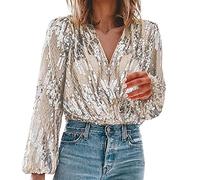 Tshirt Damen Elegant - Damen Modisches Casual Top Glänzendes Langarmshirt Slim Fit Tops Damen V-Ausschnitt Shirt Silber Metallic Oberteil