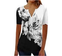 Tshirt Damen Elegant V-Ausschnitt Tunika Shirt Lässige Kurzarm Oberteile Vintage Baumwolle Bluse Tops Schön Blumen Druck Sommershirts Knopfleiste Plissiert T-Shirt Streetwear