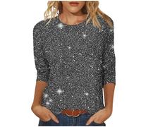 Tshirt Damen Glitzer Druck Bluse Damen Elegant T-Shirts mit 3/4 Ärmel Blusen & Tuniken Pailletten Muster Oberteile Rundhalsausschnitt Tshirt Festliche Oberteil Locker Lässiges Damenblusen für Alltag