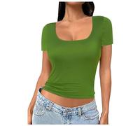 Tshirt Damen Kurzarm Eckigem Ausschnitt Oberteile Slim Fit Shirt Basic T-Shirt Einfarbig Casual Crop Top