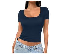 Tshirt Damen Kurzarm Eckigem Ausschnitt Oberteile Slim Fit Shirt Basic T-Shirt Einfarbig Casual Crop Top