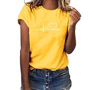 Tshirt Damen Lässige Elektrokardiogramm Druck Oberteile Herzschlagkurve Pullover T-shirt Einfarbiges Basic Shirt Rundhals Kurzarm Sommer Tops Lockere All-Match Tunika Bluse Laufshirt Sportshirt