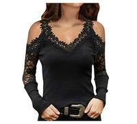 Tshirt Damen Langarmshirts Tunika Knopfleiste Oberteile Kurzarm T-Shirt Casual Lose Longshirt Bluse Tops Schulterfreie Hemd mit Spitzen Damen Oberteile Langarm Shirt Bluse Tunika