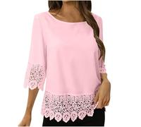 Tshirt Damen Leicht Und Luftig, Sale Angebote T-Shirt Mit 3/4 Ärmeln Rundhalsausschnitt Und Spitzeneinsatz, Günstig Bluse Weich Bequem, Shirt Top Casual Fashion, Oberteile Elegant Schick