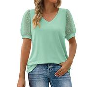 Tshirt Damen Leinenkleid Damen Sommer Crop Tops Damen Weiß Oberteil Party Bluse Weiß Damen Kurzarm Sommer Oberteile Damen Locker Rippshirt Damen Langarm Netzoberteil (Mint Green, XXL)
