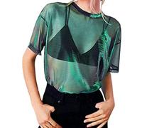 Tshirt Damen Mesh Oberteile Glitzer Durchsichtig Netzoberteil Transparentes Kurzarm Mesh Shirt Sexy Silber Bluse Mesh Tops Festival Oberteile für Tunika Clubwear Party