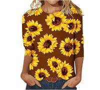 Tshirt Damen Mode 3/4 Ärmel Bluse Rundhals Oberteile Blumendruck Tunika Tops Sommer Shirt Leichte Party Pullover T-Shirt Teenager Mädchen Longtops T-Shirts Boho Blusentops Große Größen für Frauen