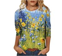Tshirt Damen Mode 3/4 Ärmel Oberteile Rundhals Bluse Batik Blumendruck Tunika Shirt Sommer Tops All Match Party Longbluse Pullover Longtops Bequeme T-Shirt Slim Fit Blusentops Sportshirt für Outdoor