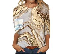 Tshirt Damen Mode Marmordruck Oberteile Rundhals Bluse 3/4 Ärmel Sommer Tops Tunika Shirt Longbluse Pullover Teenager Mädchen T-Shirt Longtops Blusen & Tuniken für Damen Beachwear für Frauen