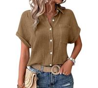Tshirt Damen, Musselin Bluse Damen Shirts Bluse Elegant Tunics Sommer Tshirt Kurzarm Leinen Knopf Bluse Lange Oversized T-Shirt Casual für Legging, Kaffee S