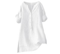 Tshirt Damen Oberteile Kurzarm Button Shirt Top Stand Volltonfarbe Ärmel Kragen Casual Sommer Long Shirts Für Lässige Oversize Bluse Elegant Große Größen T-Shirt Weißes Frauen T Baumwoll Lange Weiß